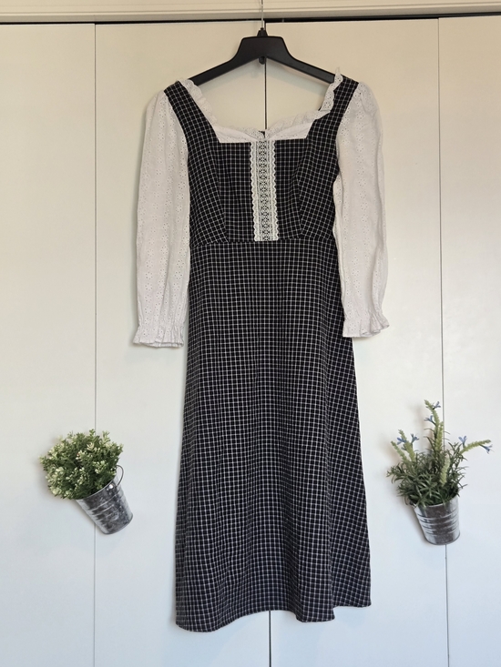 Fruit Sister Dresses & Skirts - Blue Check Midi Dress with White Lace Bodice